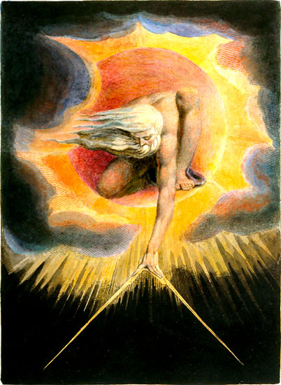 Cuadro de William Blake representando al Anciano de los Días trazando un círculo con un compás sobre la faz del abismo como siendo el Gran Arquitecto del Universo.